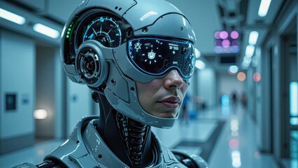 Fototapeta premium A sleek, futuristic robot dons a high-tech helmet and black goggles, its metallic skin glistening in sharp detail