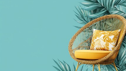 Obraz premium Tropical Chic Rattan Chair: Summer Vibes and Relaxation. A Stylish and Cozy Addition to Your Home Decor, Featuring a Yellow Cushion and Palm Leaf Background.