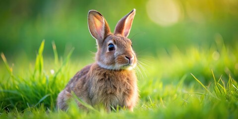 Fototapeta premium Adorable brown rabbit with fluffy fur sitting in a green grassy field, rabbit, brown, fluffy, cute, adorable, grass, green, field