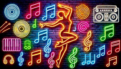 dancing woman music symbols notes brick wall neon lines light figure glow vibrant colors street silhouette