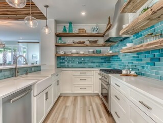 Modern Coastal Kitchen Design With White Cabinets And Teal Tiles