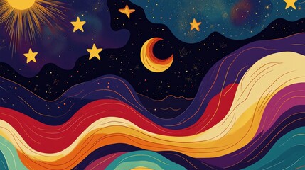 70s poster background vector. retro wall decoration, groovy, trippy, colorful line. Vintage hippie wall art for interior, decorative, banner, cover, card.