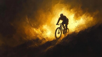 Silhouette of a mountain biker speeding down a hill at night
