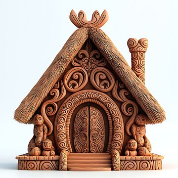 Intricately Carved Wooden House with Tribal Designs and Monkey Figures, 3D Render.