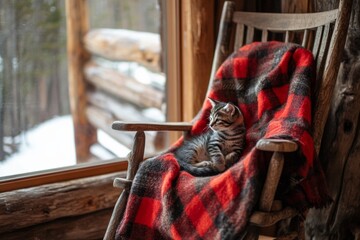 Cozy cabin scene with kitten resting on plaid blanket by window