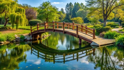 Fototapeta premium Beautiful wooden bridge over serene pond in park, wooden, bridge, pond, park, serene, peaceful, tranquil, nature