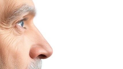 Obraz premium Close-Up Profile of a Mature Man with Blue Eyes and Gray Hair against a White Background, Highlighting Facial Features and Textures