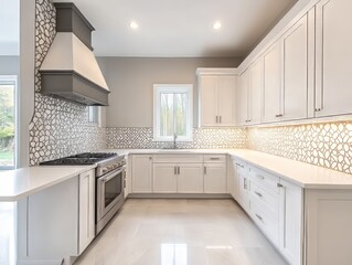 Modern White Kitchen With Stone Backsplash And Gray Hood