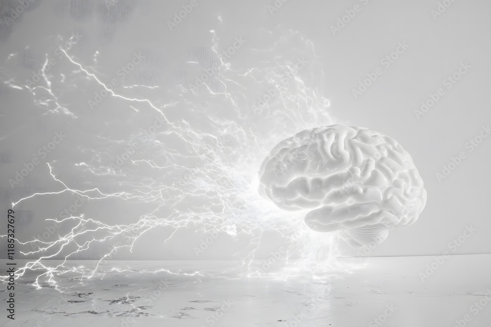 Poster abstract representation of a brain surrounded by dynamic lightning bolts depicting creativity, intel