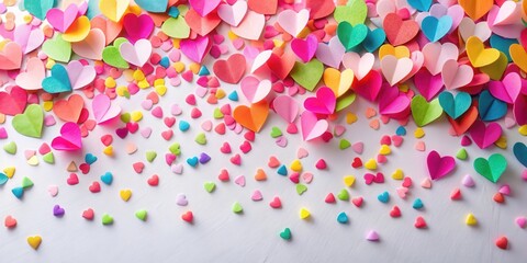 Colorful paper hearts scattered on a white background with confetti made of pink tissue paper