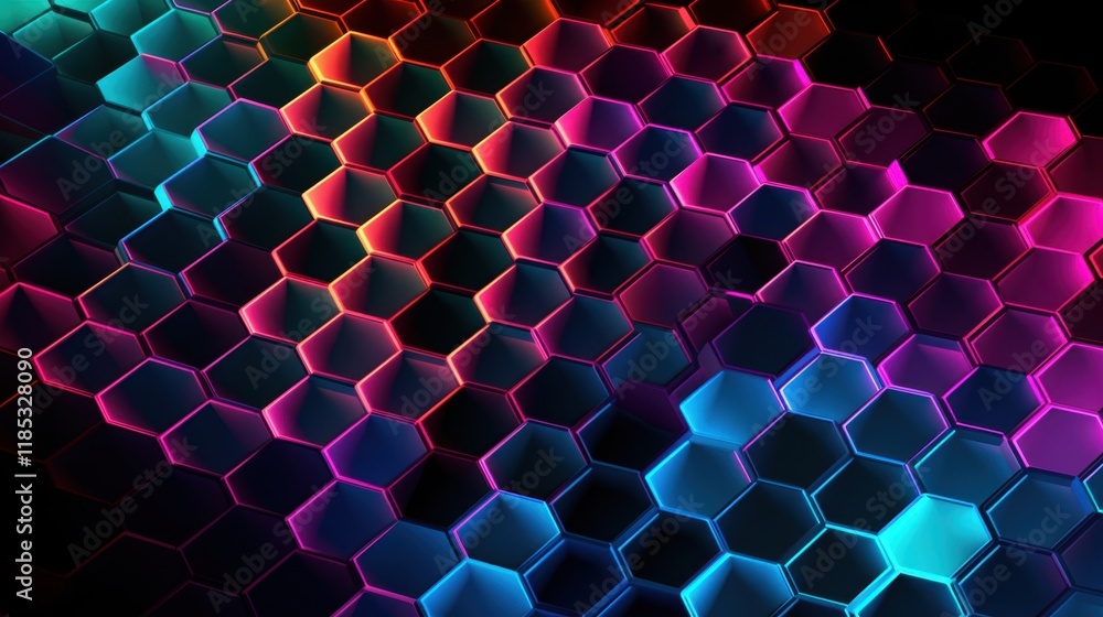Poster abstract neon hexagon pattern: vibrant gradient colors and geometric design