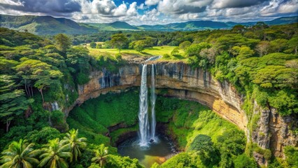 Obraz premium Top view of stunning Chamarel Waterfall in lush tropical island, waterfall, Chamarel, tropical, island, lush, top view
