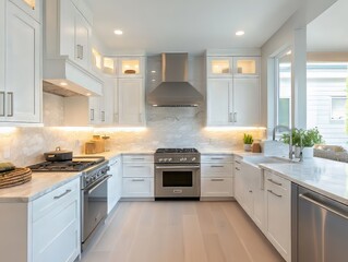 Fototapeta premium Modern White Kitchen With Stainless Steel Appliances