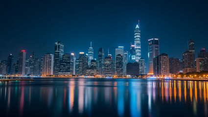 Obraz premium Dynamic Cityscape with Skyscrapers at Night.