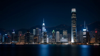 Obraz premium Dynamic Cityscape with Skyscrapers at Night.