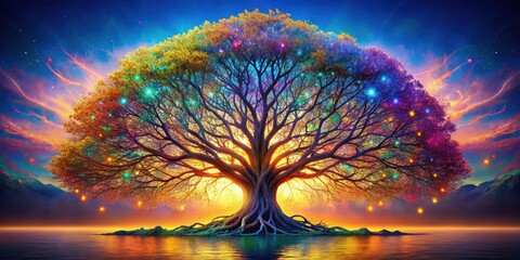 Majestic tree of life with intricate branches and vibrant colors, nature, beauty, growth, life, spirituality, intricate