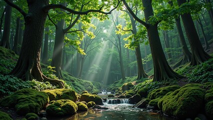 Fototapeta premium A serene forest vista features towering trees with vibrant greenery, set against a backdrop of rugged boulders cloaked in lush moss and emerald green foliage