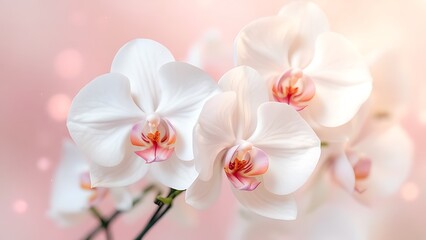 Elegant white and pink orchid flowers arranged on a soft beige background, creating a serene floral composition.