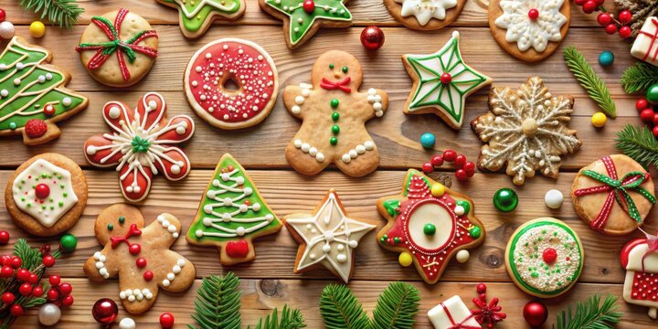 Festive cookie decorating event with a variety of cookies, holiday, Christmas, baking, decorations, icing, festive