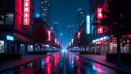 Fototapeta premium Futuristic Urban Streetscapes at Night with Neon Lights,