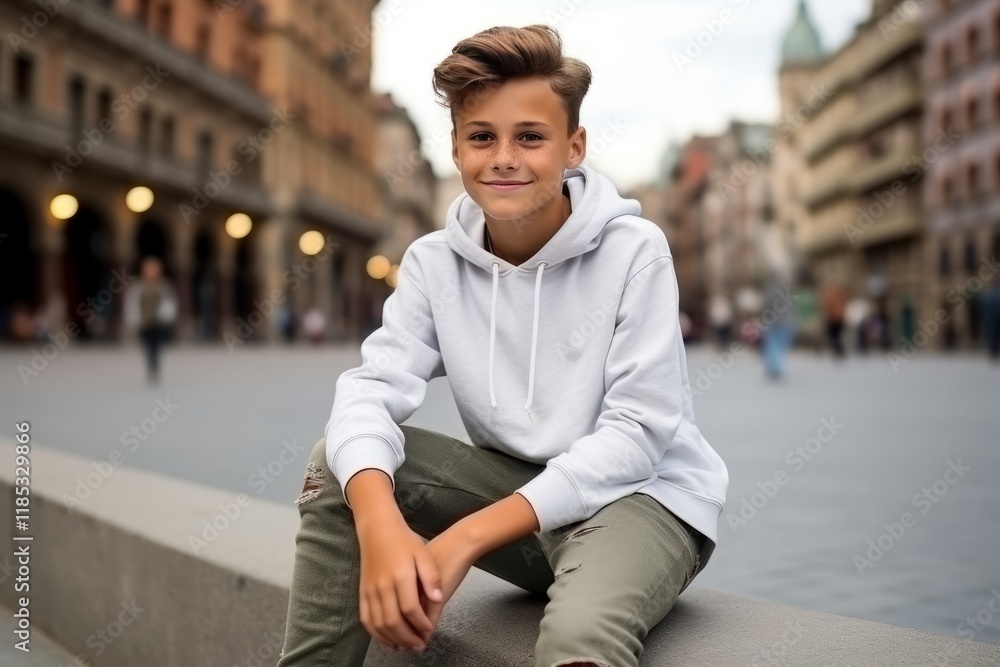 Wall mural Portrait of a happy young man sitting on a wall in the city