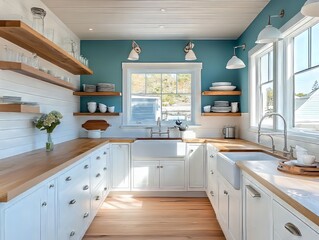 Fototapeta premium Bright White Kitchen With Teal Walls And Wood Accents