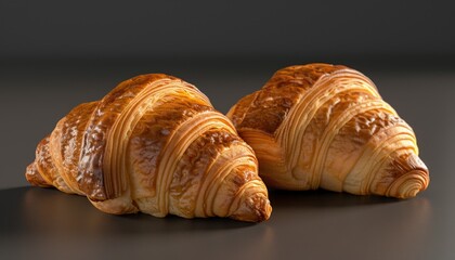 Two golden brown croissants on a dark surface, one slightly overlapping the other.