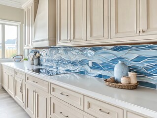 Elegant Kitchen With Ocean Wave Backsplash Design