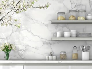 Modern Kitchen Decor With White Flowers and Marble Backsplash
