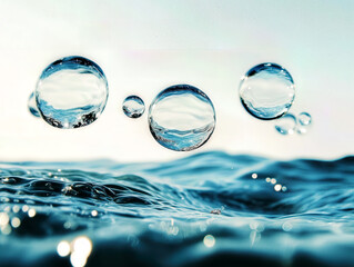 Clear water droplets float gracefully above a tranquil body of water, reflecting light and creating a serene atmosphere in a natural environment.