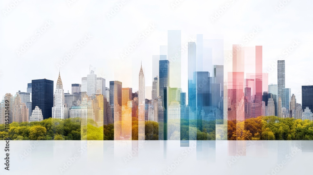 Poster abstract representation of a skyline with colorful vertical bars overlaying a lush green park and ur
