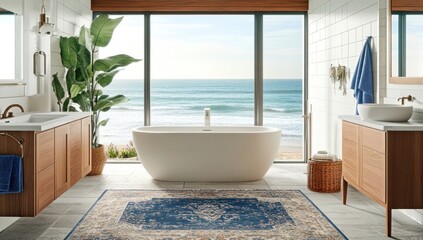 Luxurious coastal bathroom with ocean view, freestanding tub, and wooden vanities.