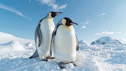 Fototapeta premium Two majestic Emperor Penguins stand together on pristine white snow, one with sleek black head and vibrant yellow beak, the other with silvery gray coat, their rugged beauty against Antarctic backdrop