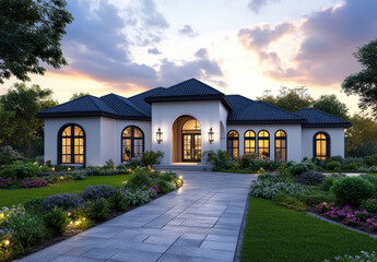 Fototapeta premium Discover the beauty of this stunning modern home, surrounded by lush gardens and soft lighting, creating a tranquil and inviting atmosphere for any homeowner.