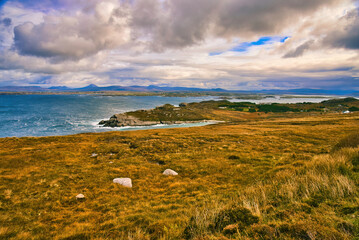 Arranmore Island in Donegal IrelandA serene view of picturesque lakes nestled in moorland,...
