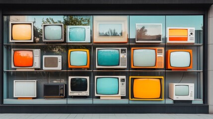 Vintage Television Collection Displayed in a Modern Window, Showcasing Various Retro Designs, Colors, and Styles from Different Eras in an Urban Setting