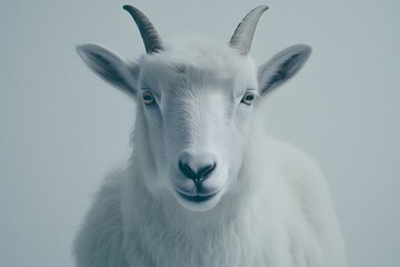 Captivating Close-Up of a White Goat With Beautiful Fur and Distinctive Horns Set Against a Softly Lit, Minimalistic Background for Artistic Appeal
