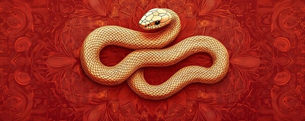 Fototapeta premium Chinese New Year. 2025 year of the Snake. Lunar new year concept. A gold snake through intricate mandala designs, its body seamlessly integrated into the radial patterns, on a rich red backdrop.