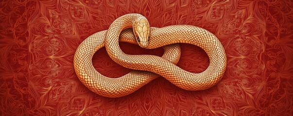 Fototapeta premium Chinese New Year. 2025 year of the Snake. Lunar new year concept. A gold snake through intricate mandala designs, its body seamlessly integrated into the radial patterns, on a rich red backdrop.