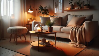 cozy living room, warm lighting, candles, Christmas decorations, fireplace, comfortable sofa, throw pillows, coffee table, glass dome, holiday atmosphere, soft textiles, wood paneling, curtains, intim