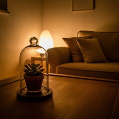 cozy living room, warm lighting, candles, Christmas decorations, fireplace, comfortable sofa, throw pillows, coffee table, glass dome, holiday atmosphere, soft textiles, wood paneling, curtains, intim