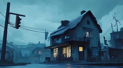 Fototapeta premium Gloomy Urban House at Night: A Digital Painting