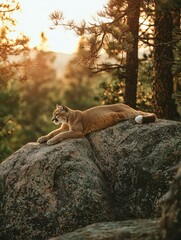 Majestic Mountain Lion Stretching on Rocky Outcrop at Sunrise