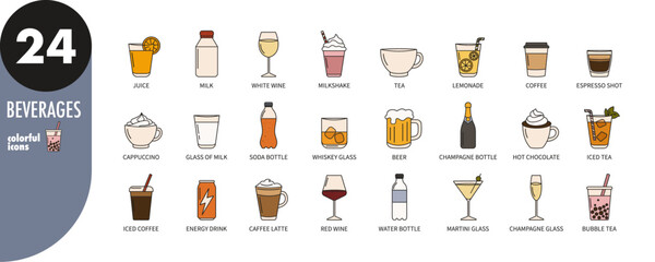 Colorful beverages, drinks thin line icons set. Juice, coffee, cappuccino, espresso, milk, hot chocolate, bubble tea, soda, water, champagne, wine, milkshake, whiskey, martini, vector illustration