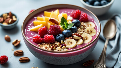 Delicious Healthy Smoothie Bowl with Fruit and Nuts.