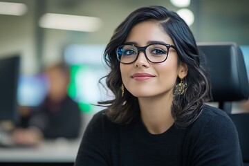 Fototapeta premium Young professional woman in office setting business environment portrait focused empowerment