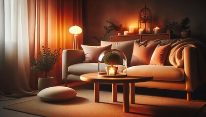 cozy living room, warm lighting, candles, Christmas decorations, fireplace, comfortable sofa, throw pillows, coffee table, glass dome, holiday atmosphere, soft textiles, wood paneling, curtains, intim