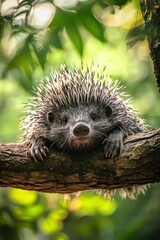 Porcupine Resting Comfortably on Thick Branch Surrounded by Greenery