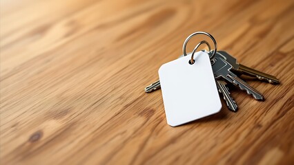 A set of metal keys with a blank white key tag on a wooden surface, suggesting property or security themes.