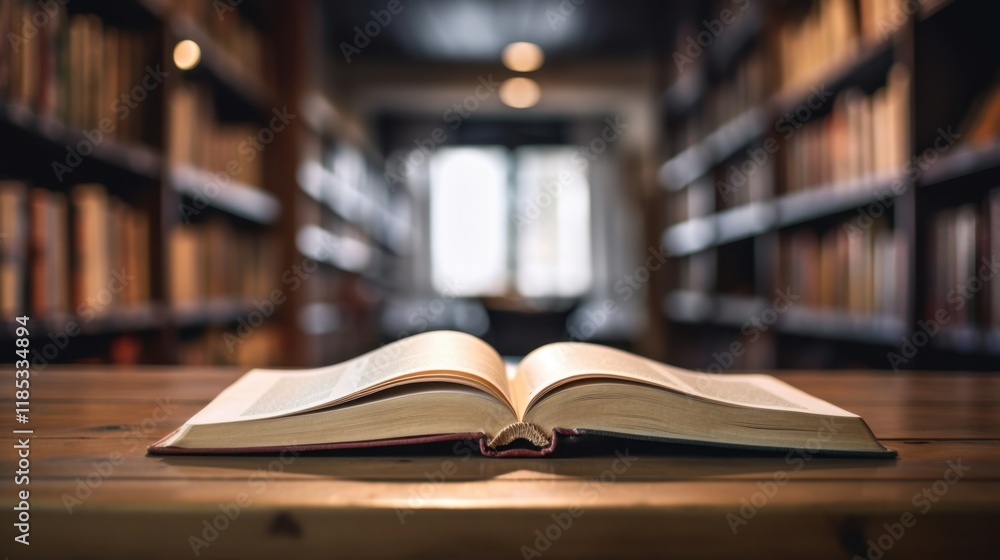 Poster open book in a serene library setting: a haven for knowledge and exploration